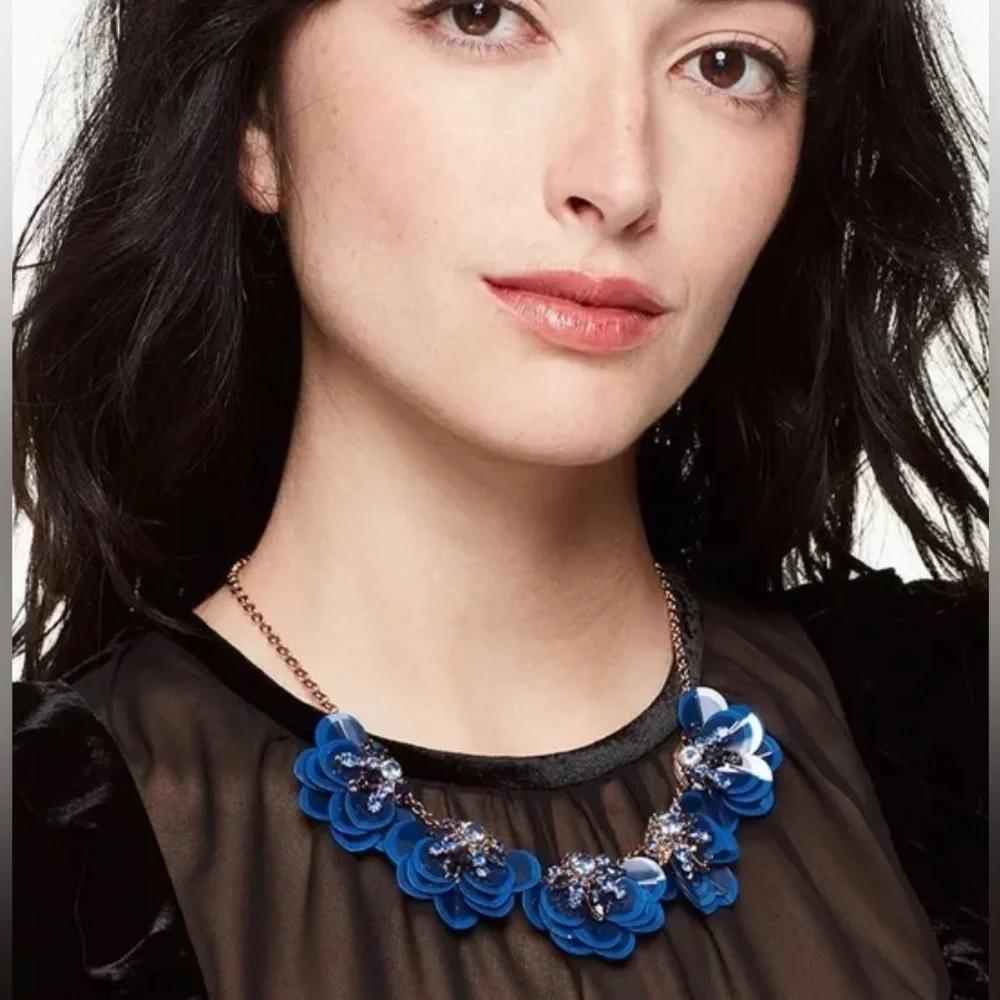 Kate Spade New York Blue Snowy Nights Sequined Flower AB Statement Rose Necklace